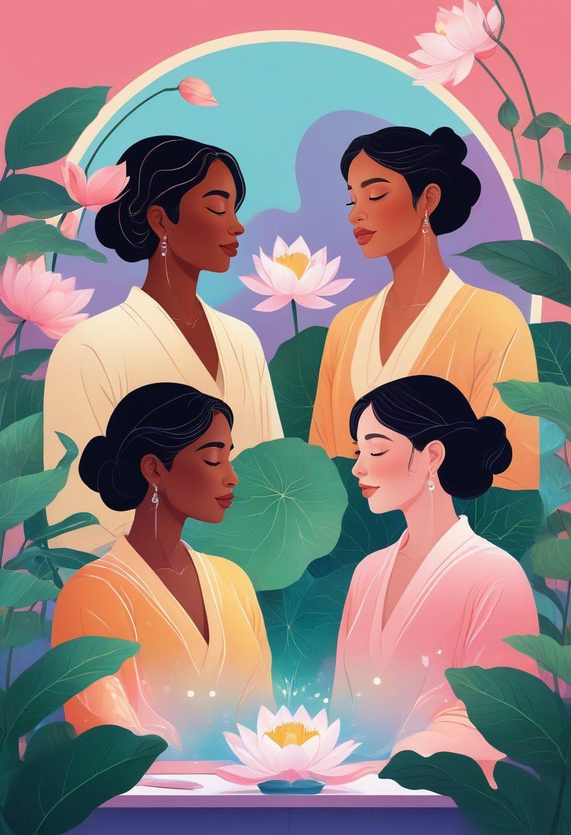 An inviting, inclusive online community connected through vibrant multimedia screens, showcasing educational content on sexual health and wellness. Inclusive illustrations of diverse genders and orientations engaging with the information. Infuse elements of soothing wellness symbols like lotus flowers and calming colors. vector art. vibrant colors. uplifting.