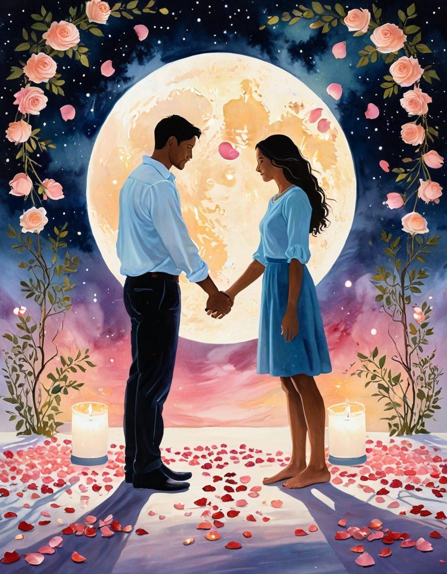 An engaging and romantic scene of a couple holding hands under a moonlit sky, with subtle elements of intimacy, like soft candlelight and a few scattered rose petals. The background features soothing colors and a tranquil atmosphere, promoting a sense of wellness and connection. painting. vibrant colors. white background.